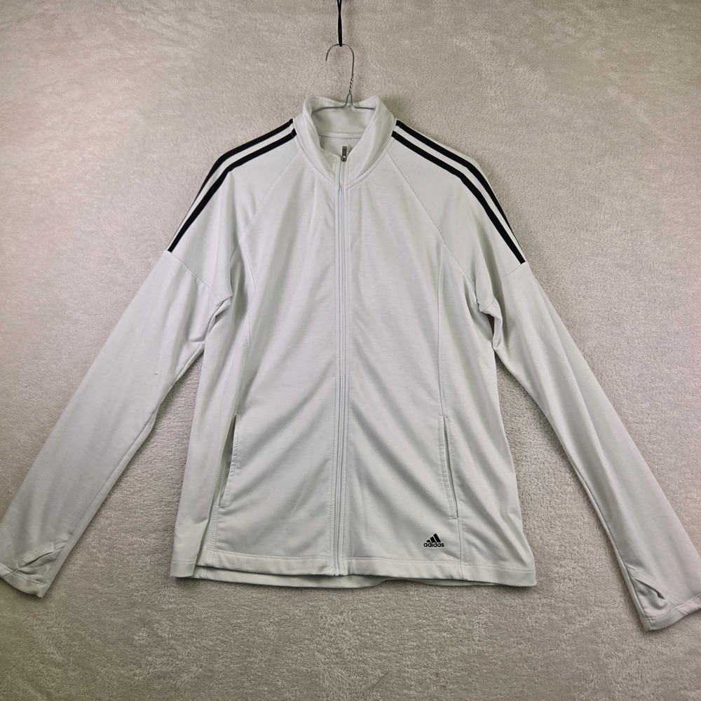Adidas Womens White Full Zip Track Jacket Black Stripes Thumbholes Size M